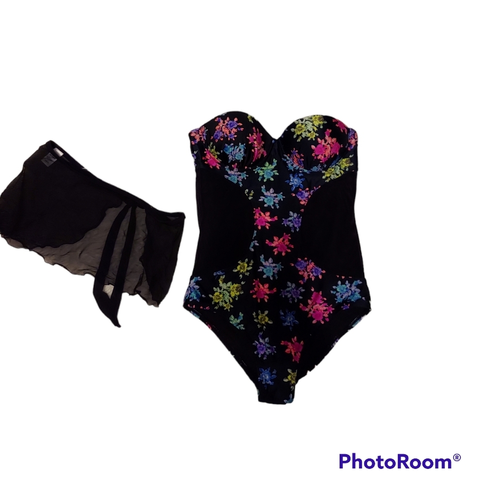 Joe Boxer Black Swimsuit Small Strapless One-Piece Floral Cover up Beachy Sheer